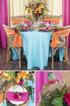 the table is decorated with colorful flowers and place settings for two people to sit at