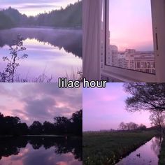 four different pictures with the words lilac hour and trees in front of water at dusk