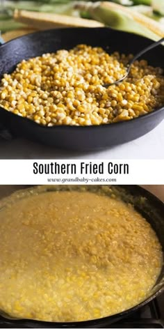 corn in a skillet before and after frying