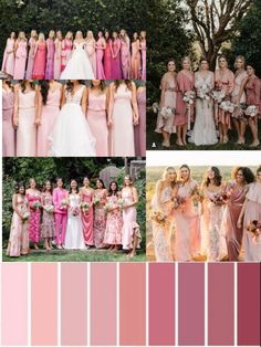 the bridesmaids are all dressed in pinks and peachs for their wedding