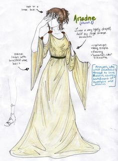 a drawing of a woman in a yellow dress with her hands on her head and the words ariane below it