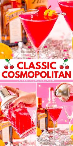 Celebrate with this alcoholic Christmas drink! It's a Christmas cocktail recipe with vodka. Mixed with orange liqueur, lemon juice, and cranberry juice, this classic Cosmopolitan is wonderfully fruity and flavorful! Classic Cosmopolitan Recipe, Homemade Margarita Recipe, Cosmopolitan Cocktail Recipes, Mojito Recipe Classic, Cosmopolitan Drink, Vodka Orange, Cosmopolitan Recipe, Homemade Margaritas, Cosmopolitan Cocktail