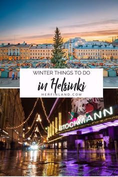 a city with lights and buildings in the background at night, text overlay reads winter things to do in helski