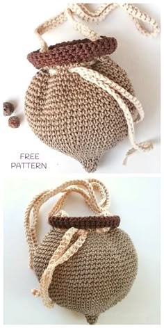 crocheted purses are shown in two different ways, one is brown and the other is beige