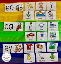 an assortment of words and pictures displayed on a rainbow colored background with the word ee