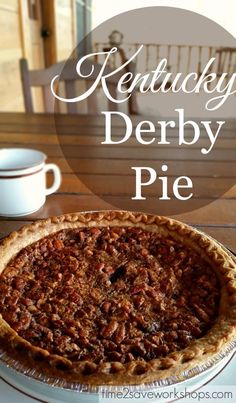 a pecan pie sitting on top of a wooden table