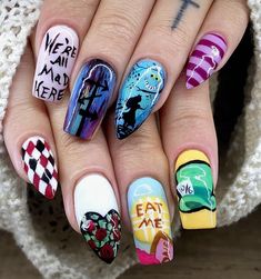 Mad Hatter Nail Designs, Mad Hatter Nail Art, Mad Hatter Nails Acrylic, Cheshire Cat Nails, Nagel Inspiration