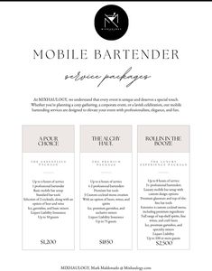 the mobile bartender website is shown with three different menus and two pricing options for each product