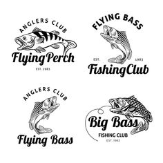 four logos for flying perch fishing club, including one fish and the other two are black and white