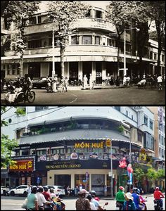 an old black and white photo shows people riding scooters in front of a building