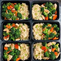 six plastic trays filled with rice and veggies on top of a table