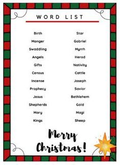 the word list for christmas is shown in red, green and white checkerboard