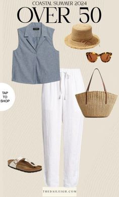 2024 Coastal Summer Capsule Wardrobe Summer Outfits Women 50s, 2025 Outfits, White Jeans Summer, Outfits For Women Over 50, Creating Outfits, Linen Pants Outfit, Summer Outfits For Women, White Pants Outfit, Hot Season