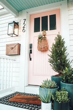 a pink front door with potted plants and a mailbox