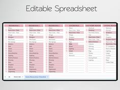 the editable spreadsheet is displayed on a computer screen with pink and black text