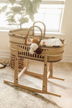 Baby in River Bolga Moses basket and solid wood rocking stand made in USA Room Sharing, Nursery Decor Gender Neutral, Baby Name Reveal, Moses Basket Stand, Baby Nursery Inspiration, Baby Moses, Baby Moses Basket, Safe Room, The Weaver