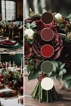 the table is set with red and green flowers, greenery, candles and plates