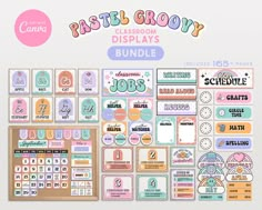 the pastel grooy classroom displays bundle includes stickers, calendars and more