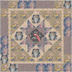 a quilted square with an image of a bird on the center and flowers around it