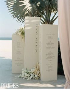 two tall white boxes sitting next to each other on top of a cement floor near a palm tree