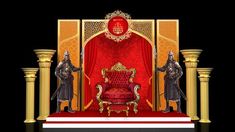 the throne is surrounded by golden pillars and red velvet upholstered with gold accents