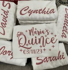 Personalized Quinceañera tees. Damas Gift Ideas, Quince Custom Shirts, Dama Gift Ideas, Cricut Quinceanera Ideas, White Custom Print T-shirt For Bachelorette Party, Dama Gifts, Xv Shirts, Quince Shirts Ideas, Baile Sorpresa Outfits Quinceanera