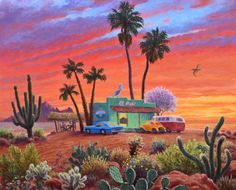 a painting of cars parked in front of a building with palm trees on the beach