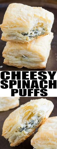 cheesey spinach puffs on a baking sheet with the words, cheesy spinach puffs