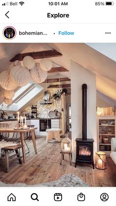 an instagram photo of a living room with wood burning stove