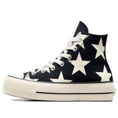 (WMNS) Converse Chuck Taylor All Star Lift Platform Large Stars High 'Black White' A09903C High-top Star-embellished Sneakers For Streetwear, Star Print Round Toe Sneakers For Streetwear, High-top Star Print Sneakers For Streetwear, Casual Black Sneakers With Star Print, Funky Converse, Patchwork Converse, Converse Platforms, Chuck Taylor Black, Preppy Things