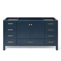 a blue cabinet with gold handles and drawers on the bottom, against a white background