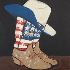 a painting of cowboy boots with an american flag hat