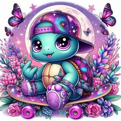 a cute little turtle wearing a baseball hat and sitting on a skateboard surrounded by flowers