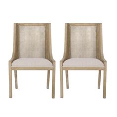 a pair of wooden chairs with beige upholstered back and seat cushions on each side