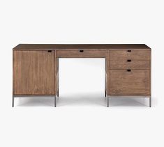 a wooden desk with two drawers and metal legs