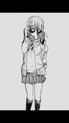 a drawing of a person taking a photo with a camera in front of their face