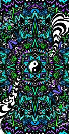 an abstract design with a yin sign on it's center and blue, green, purple