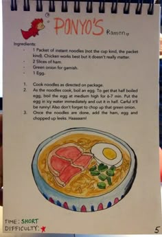 a recipe book with an image of a bowl of food on it and the words ponyo's written in spanish