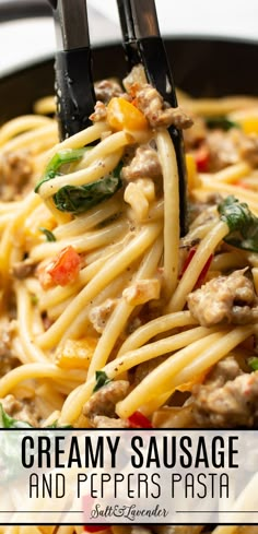 serving tongs with bucatini and text overlay that reads creamy sausage and peppers pasta Peppers Pasta, Sausage And Peppers Pasta, Italian Sausage Recipes, Sausage Dishes, Pepper Pasta, Sausage And Peppers, Pasta Dinners, Pasta Dinner Recipes