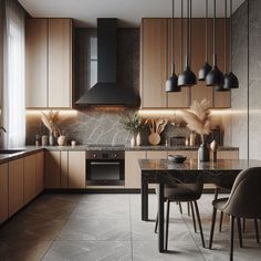 a modern kitchen with marble counter tops and wooden cabinetry, along with black pendant lights hanging from the ceiling