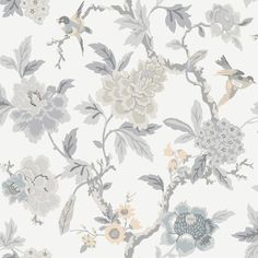 a floral wallpaper pattern with birds and flowers on white, blue, gray and yellow colors