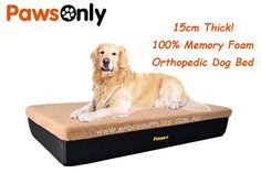 a dog laying on top of a memory foam orthopedic bed with the words paws only