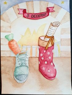 a watercolor painting of two boots with carrots and a paper scroll that says 5 december