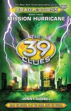 the book cover for the 39 clues by jenny goebl, with lightning in the background