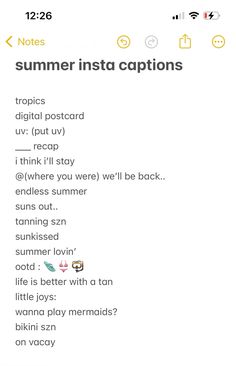 an iphone screen with the text summer insta captions written in different font styles