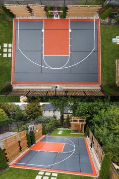 This is a 30’ x 40’ mulit-game court with Graphite and Texas orange SnapSports DuraCourt tiles and LED court lighting 🏀 Indoor Sports Court, Backyard Plan, Backyard Renovations