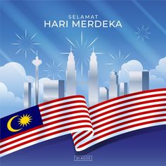 malaysia flag waving in the wind with cityscape and fireworks behind it, on a blue sky background