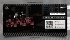 an open sign is displayed in front of a restaurant's door with the words we are open on it