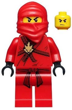 a lego figure with a red ninja outfit and yellow headbands is shown in front of a white background