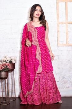 Shop for Vasavi Shah Pink Bamberg Silk Bandhej Print Anarkali Gharara Set for Women Online at Aza Fashions Bandhej Cord Set, Shrara Grara Design Silk, Bandhej Anarkali Suits, Cotton Gharara Designs, Bandhej Dress Designs, Bandhej Kurti Designs, Bandhej Suits Design, Chikan Anarkali, Bandhani Dress Pattern